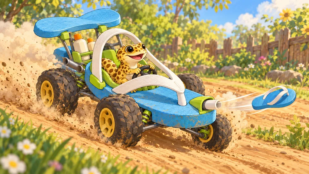 Léko in the Flip-flop buggy. Game concept art.